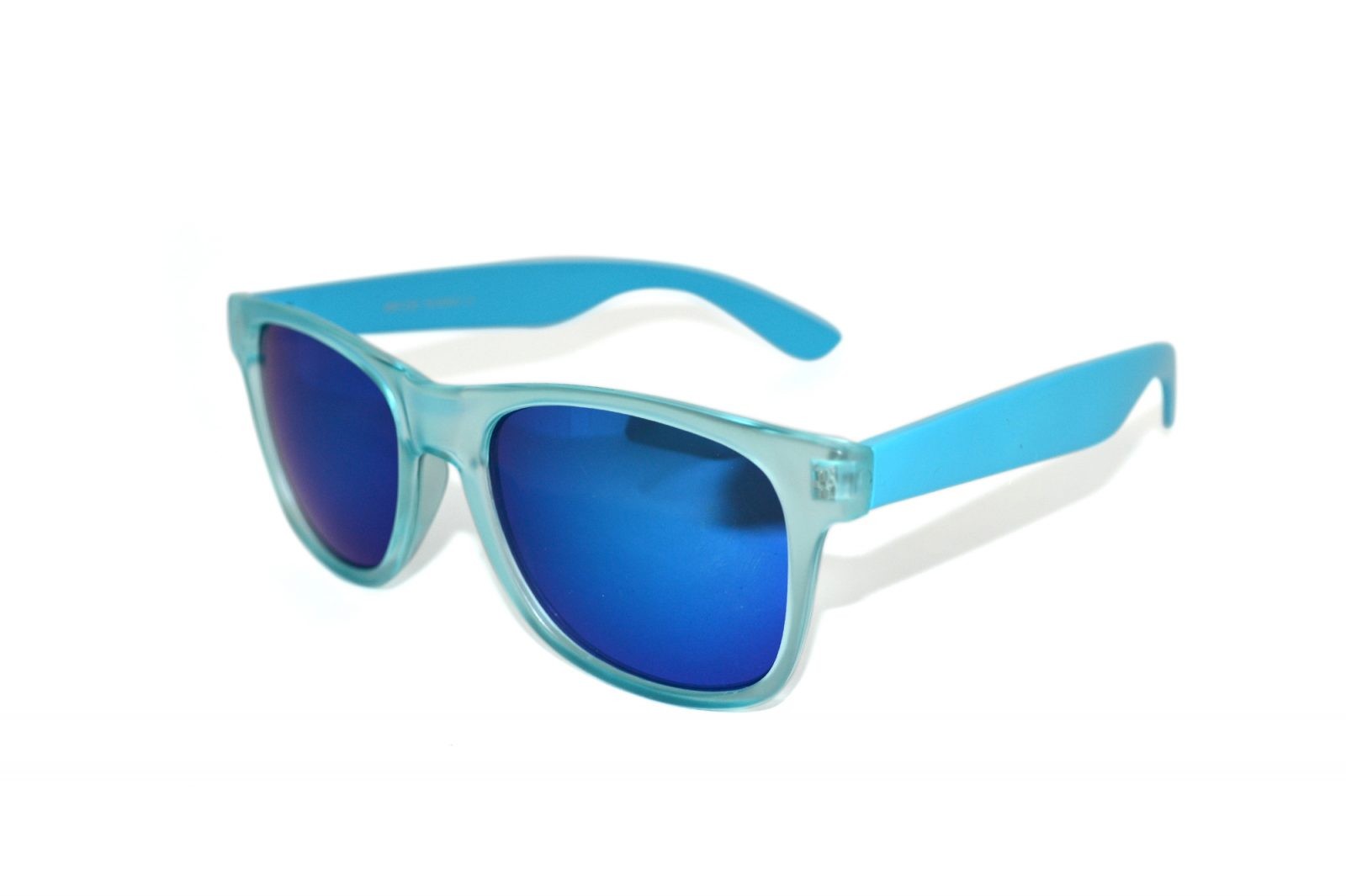 Wayfarer-Party-Lucent-Blauw-zonnebril-met-blauwe-brilpootjes-mat-transparant-montuur-en-blauwe-UV-protectie-spiegelglazen-linkeraanzicht Wayfarer Party Lucent Blauw