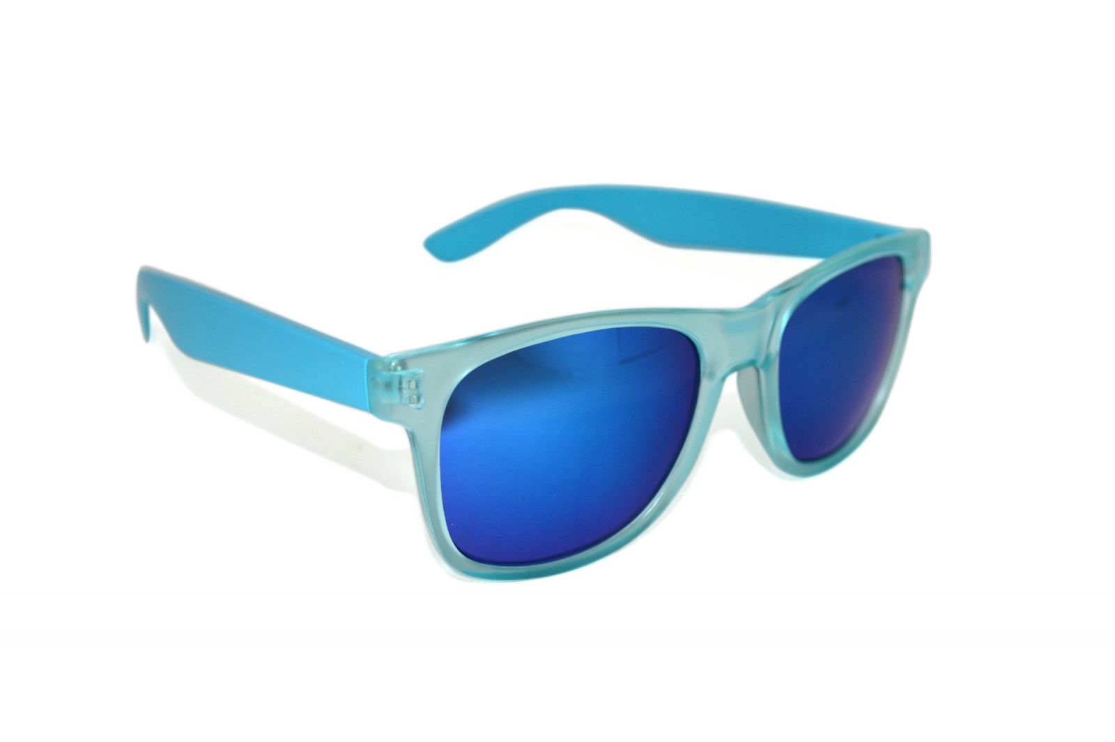 Wayfarer-Party-Lucent-Blauw-zonnebril-met-blauwe-brilpootjes-mat-transparant-montuur-en-blauwe-UV-protectie-spiegelglazen-rechteraanzicht Wayfarer Party Lucent Blauw