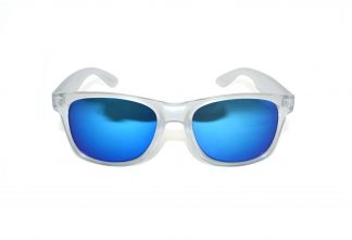 Wayfarer-Party-Lucent-zonnebril-mat-transparant-montuur-en-ijsblauwe-UV-protectie-spiegelglazen-vooraanzicht